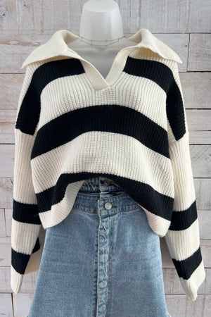 Striped Collared Sweater- Black/White