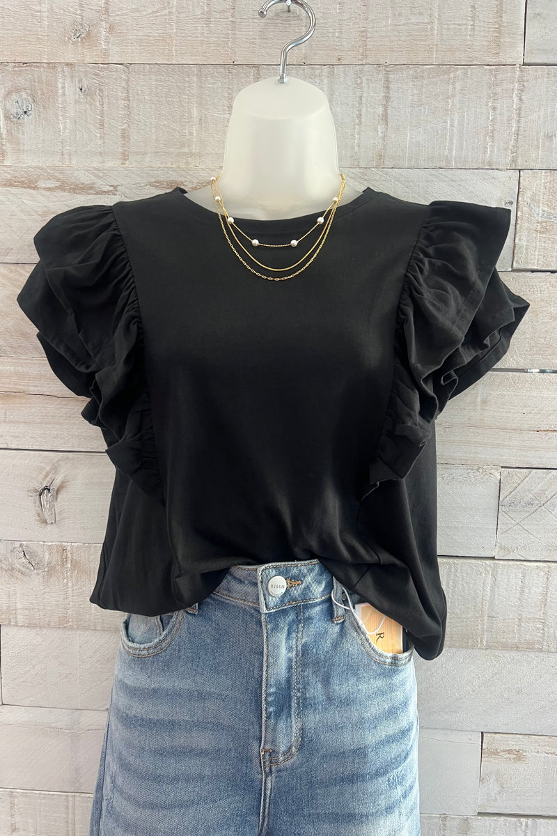 Ruffle Sleeve Top Black Chocolate Shoe Boutique