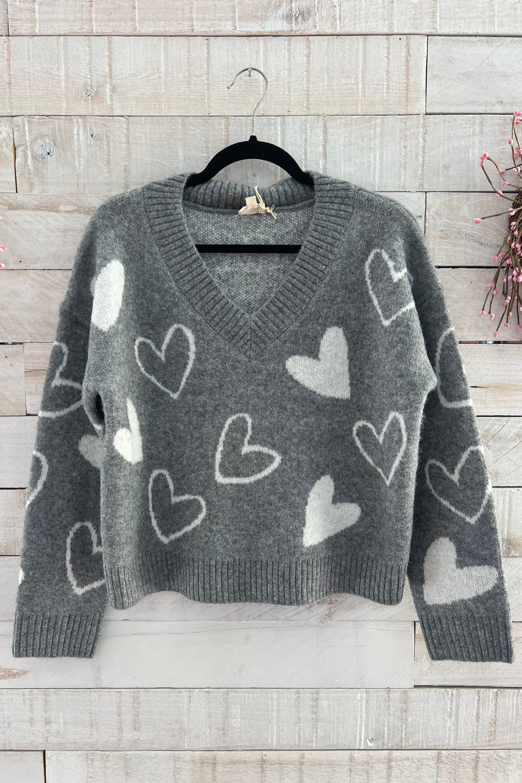 Heart V-Neck Sweater- Grey