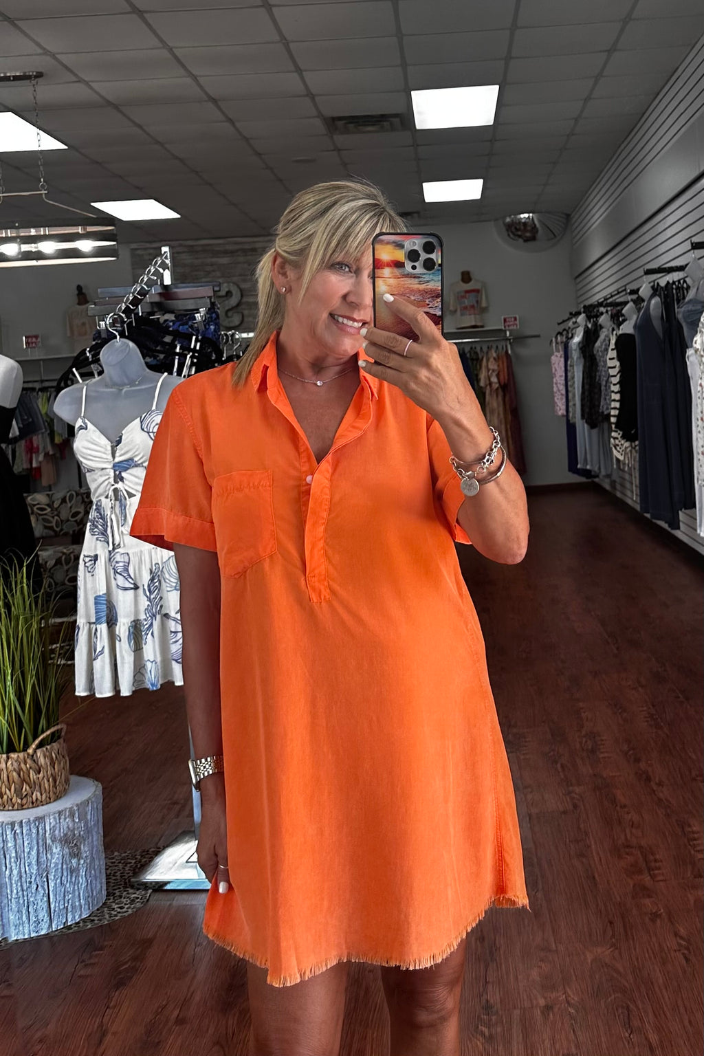 Washed Denim Shirt Dress- Orange