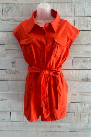 Belted Button Down Romper- Orange