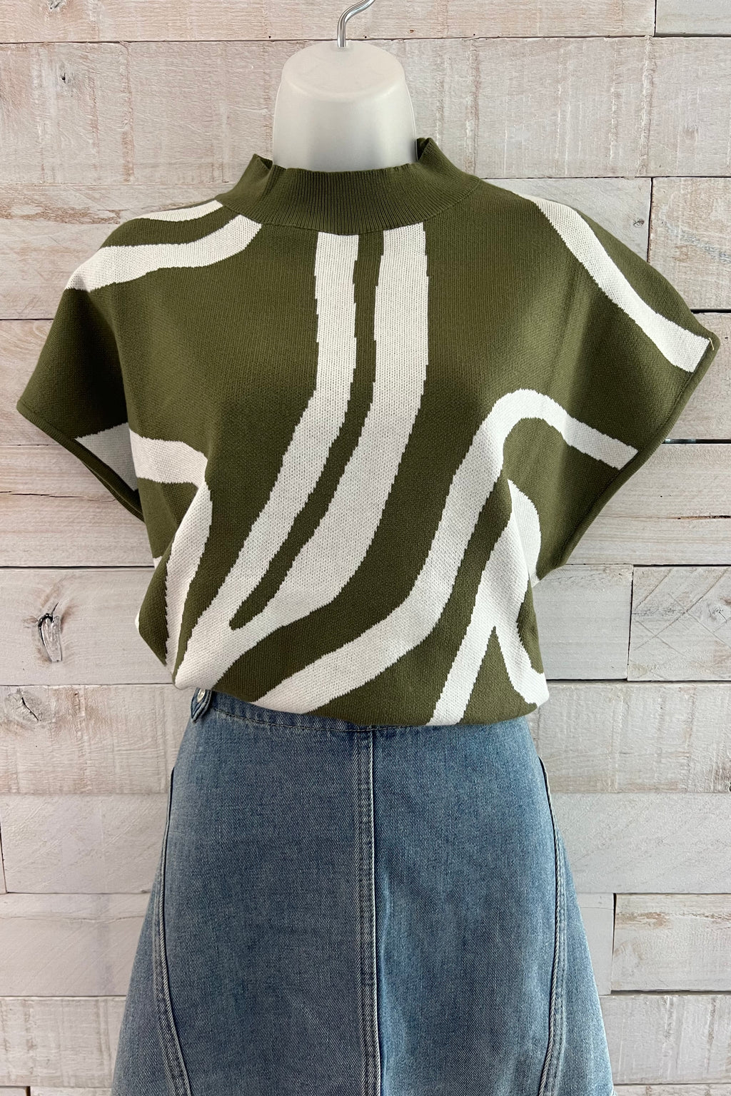 Swirl Print Sweater Top- Moss