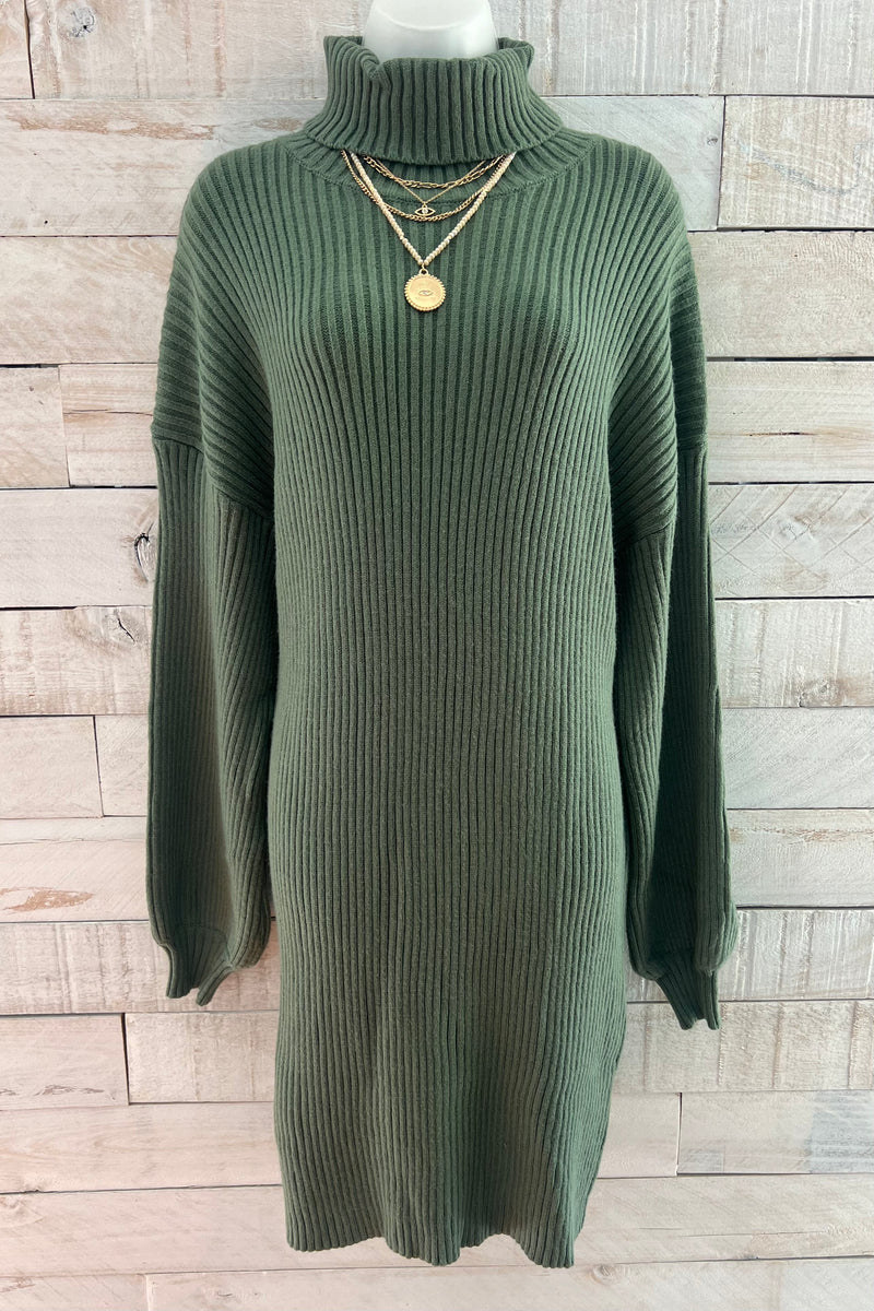 Turtle Neck Sweater Dress- Olive