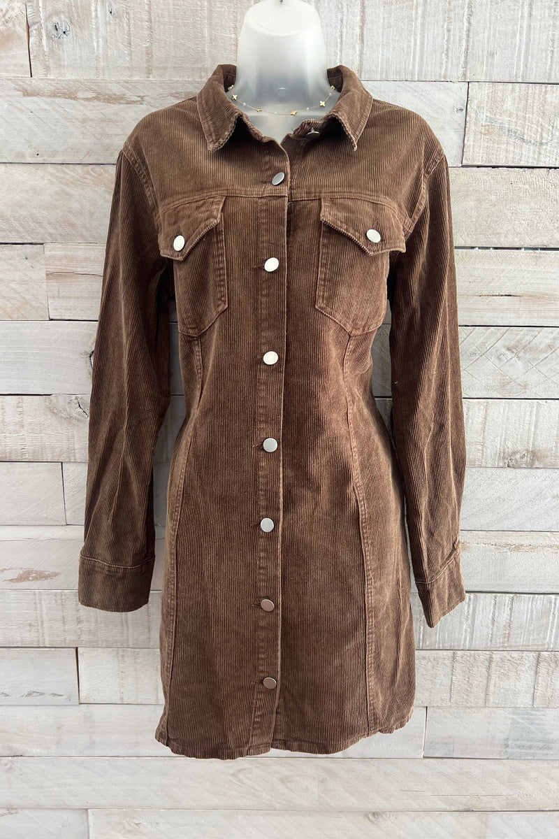 Long Sleeve Corduroy Dress- Chocolate