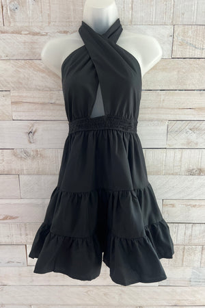 Halter Neck Tiered Dress- Black