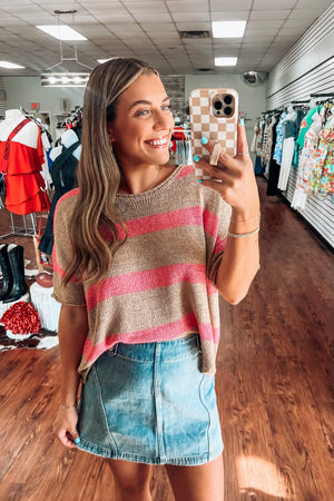 Color Block Striped Sweater- Mocha/Pink