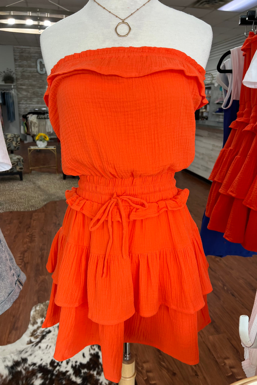 Ruffle Tube Top Gauze Dress- Orange