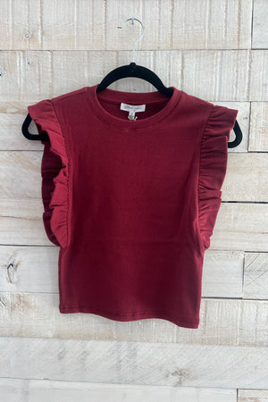 Ruffle Cap Sleeve Top- Crimson