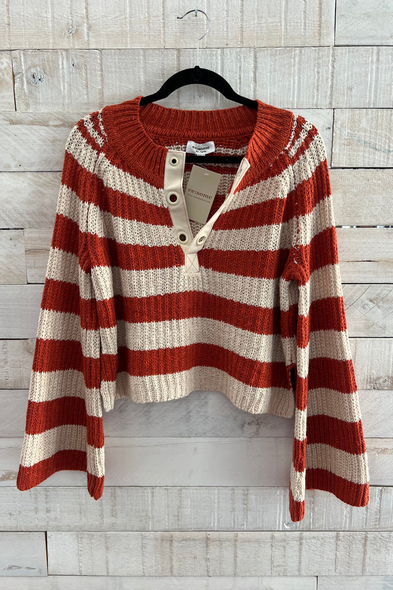 Striped Bell Sleeve Sweater- Rust