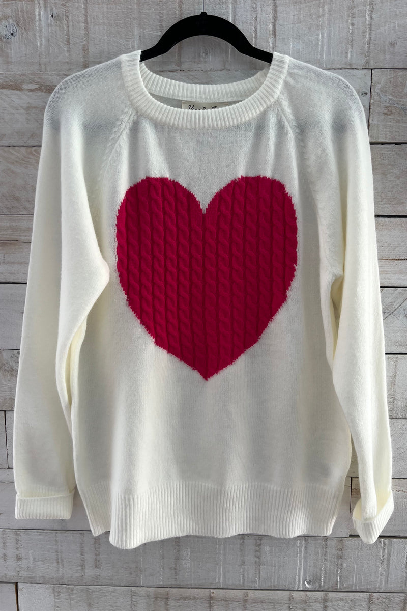 Heart Cable Sweater - White/Pink