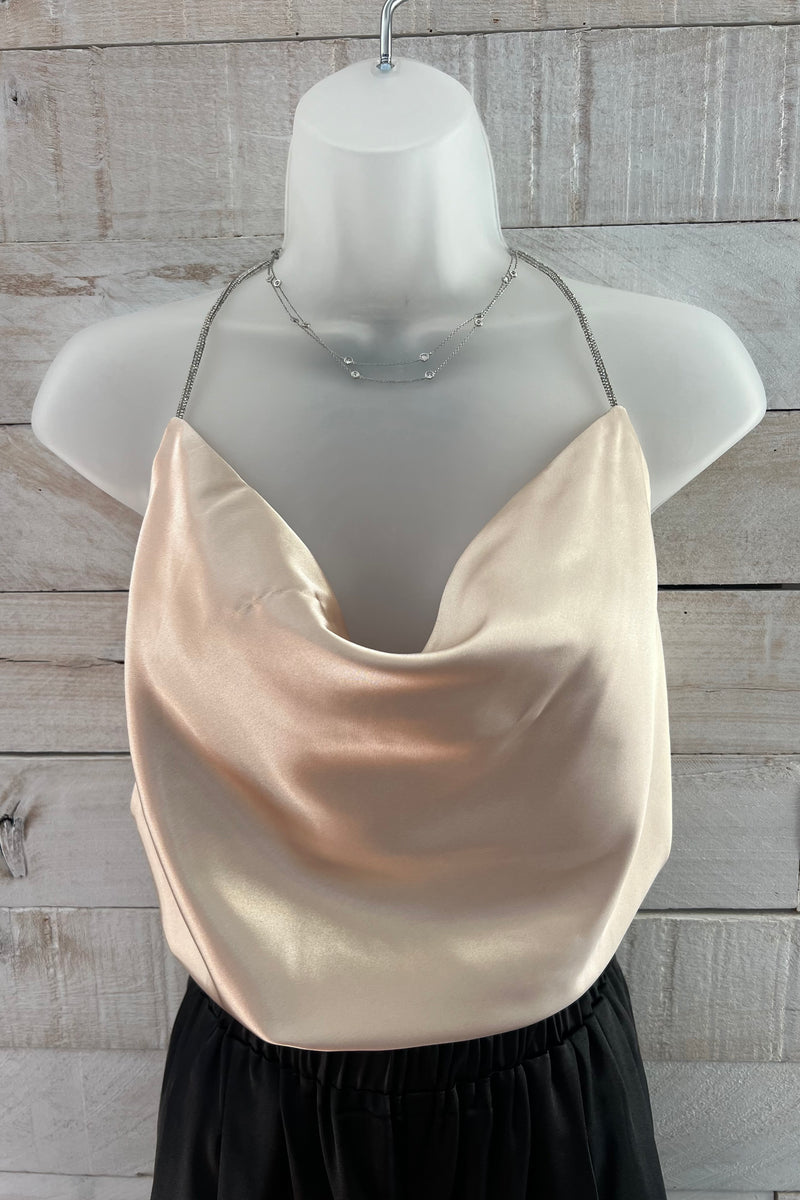 Cowl Neck Rhinestone Top- Champagne