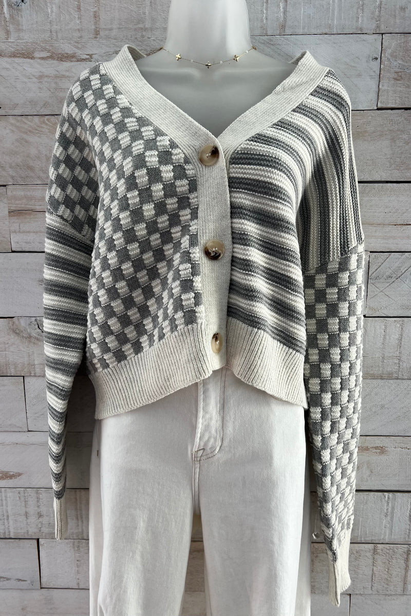 Striped/Checkered Sweater Cardigan- Grey