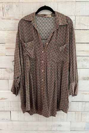 Printed Shirt Dress- Brown/Jade