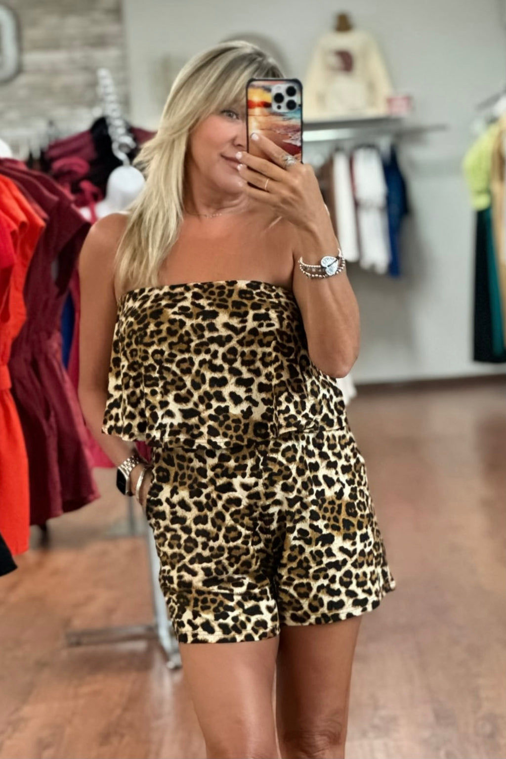 Strapless Overlay Romper- Leopard