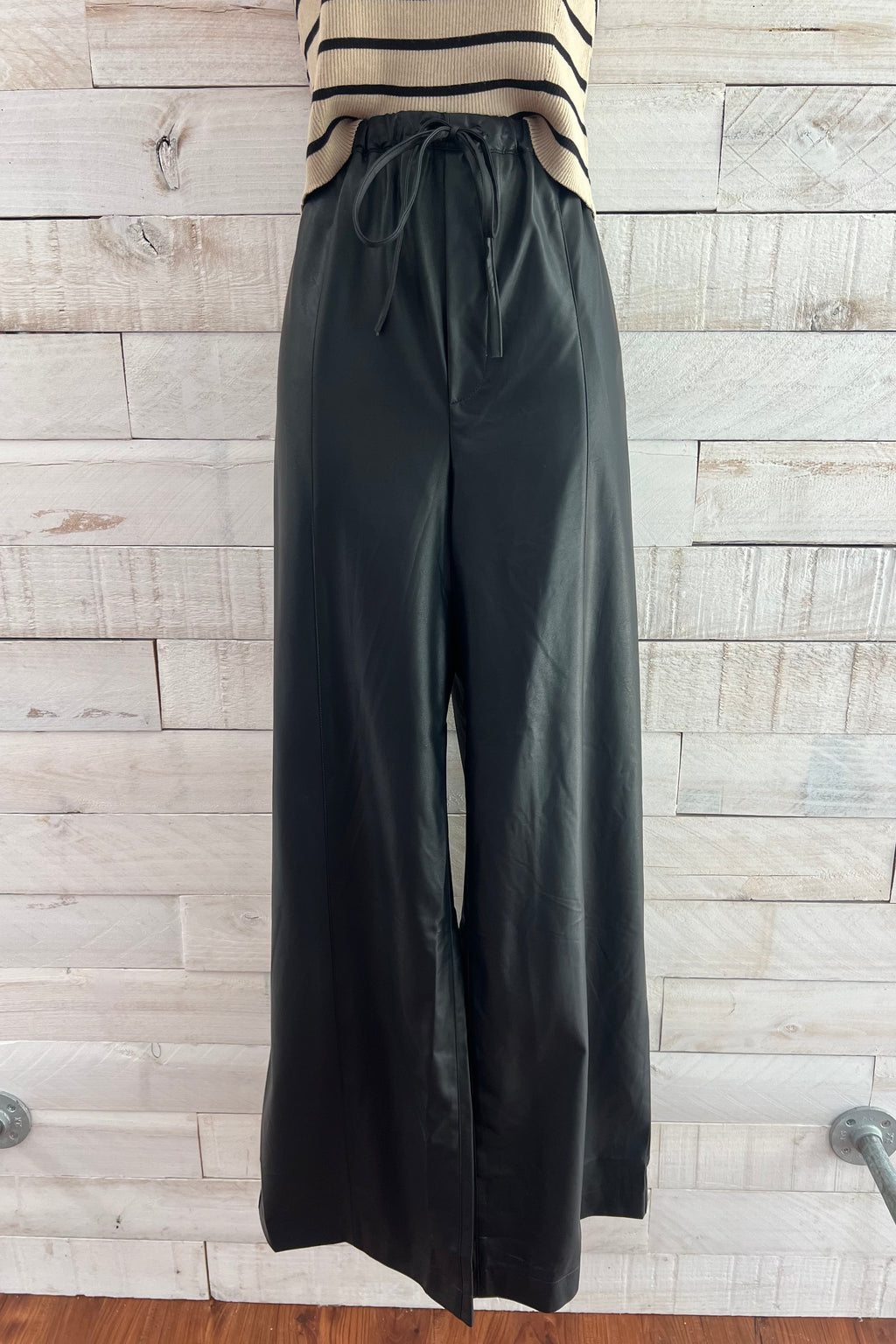 Wide Leg Leather Pants- Black