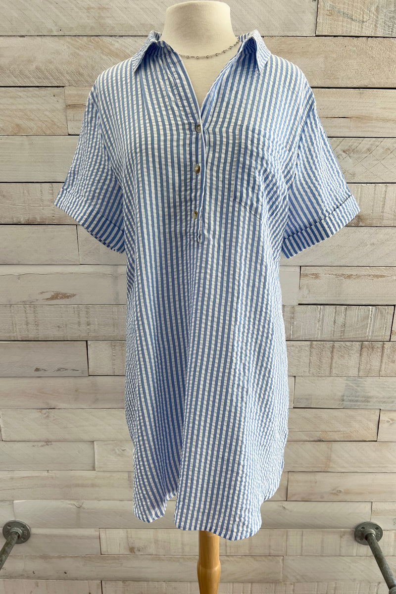 Striped Seersucker Dress- Blue/White