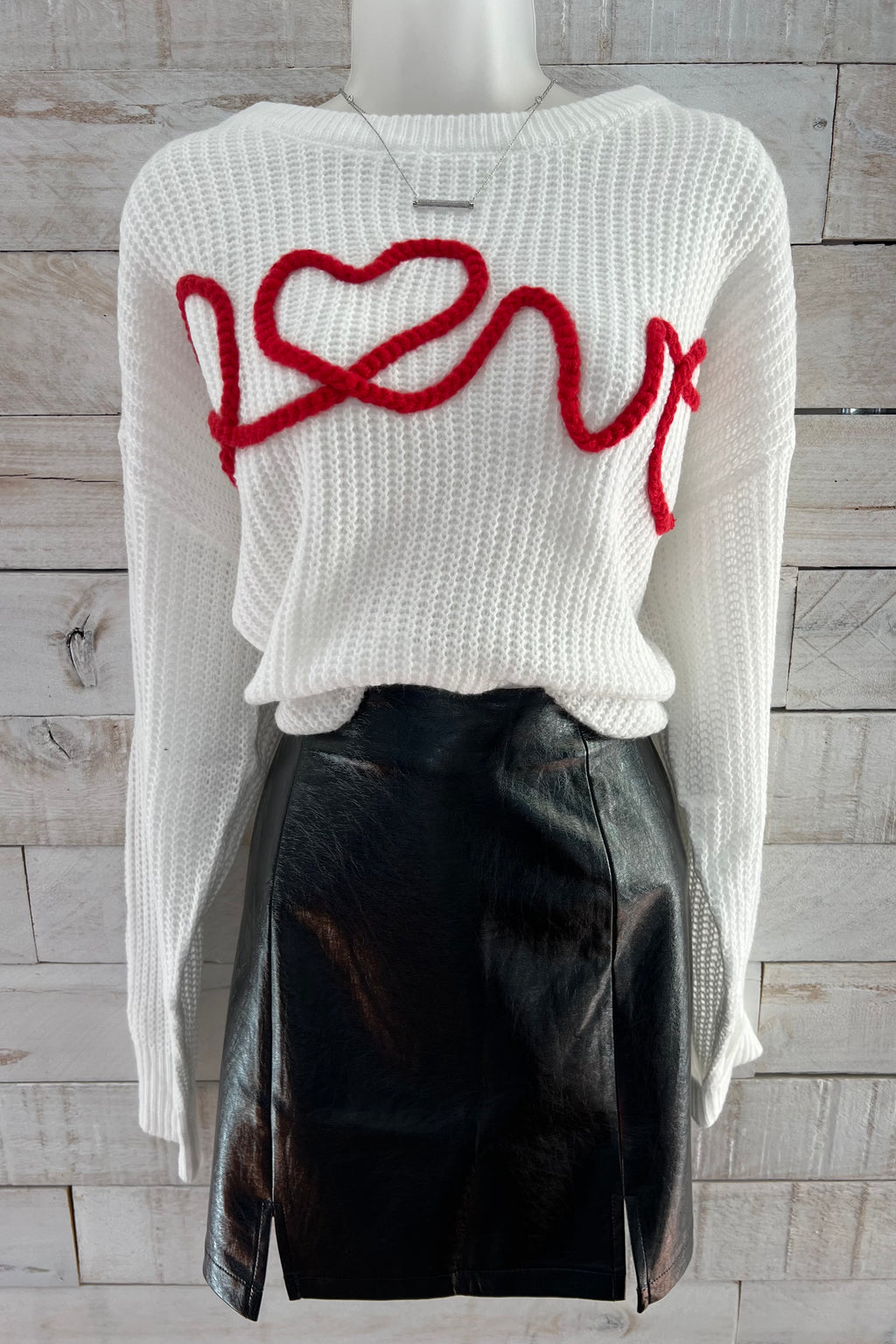 "LOVE" Waffle Knit Sweater- White