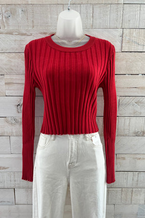 Ribbed Cropped Sweater- Red