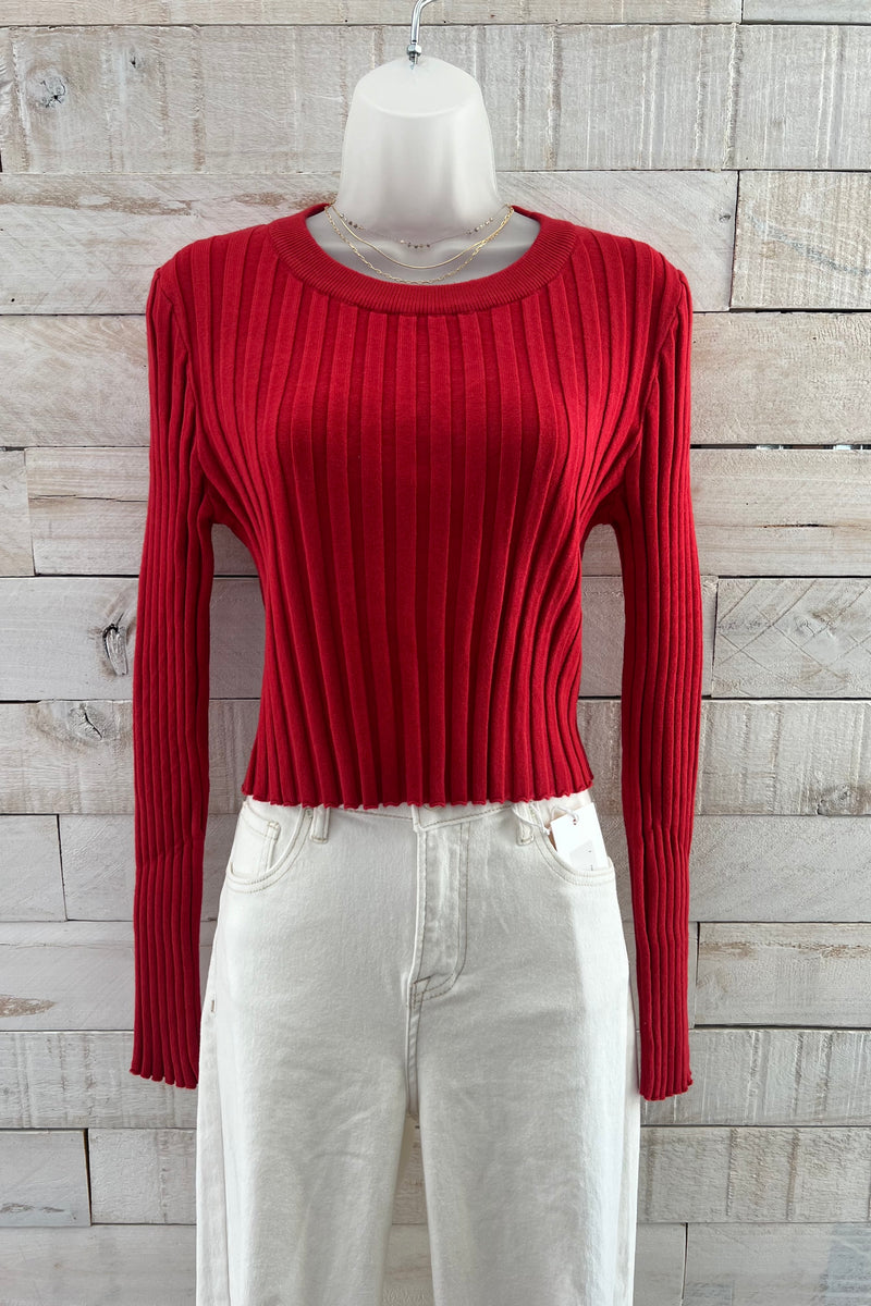 Ribbed Cropped Sweater- Red