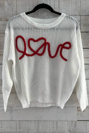 "LOVE" Waffle Knit Sweater- White