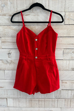 Denim Cami Romper- Red