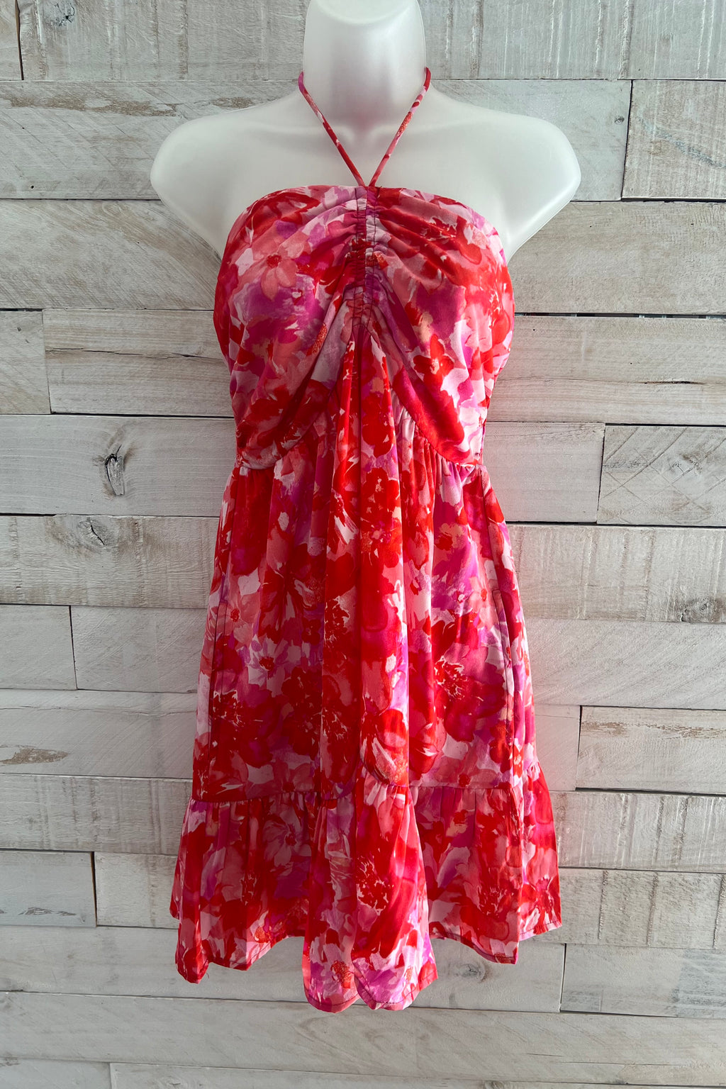 Floral Print Halter Dress- Red/Pink