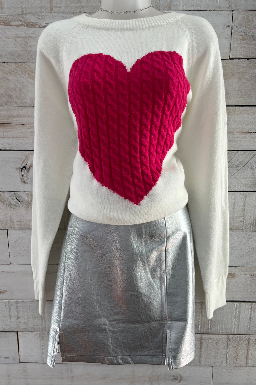 Heart Cable Sweater - White/Pink