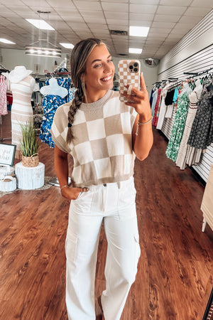 Checkered Knit Top- Taupe/Ivory