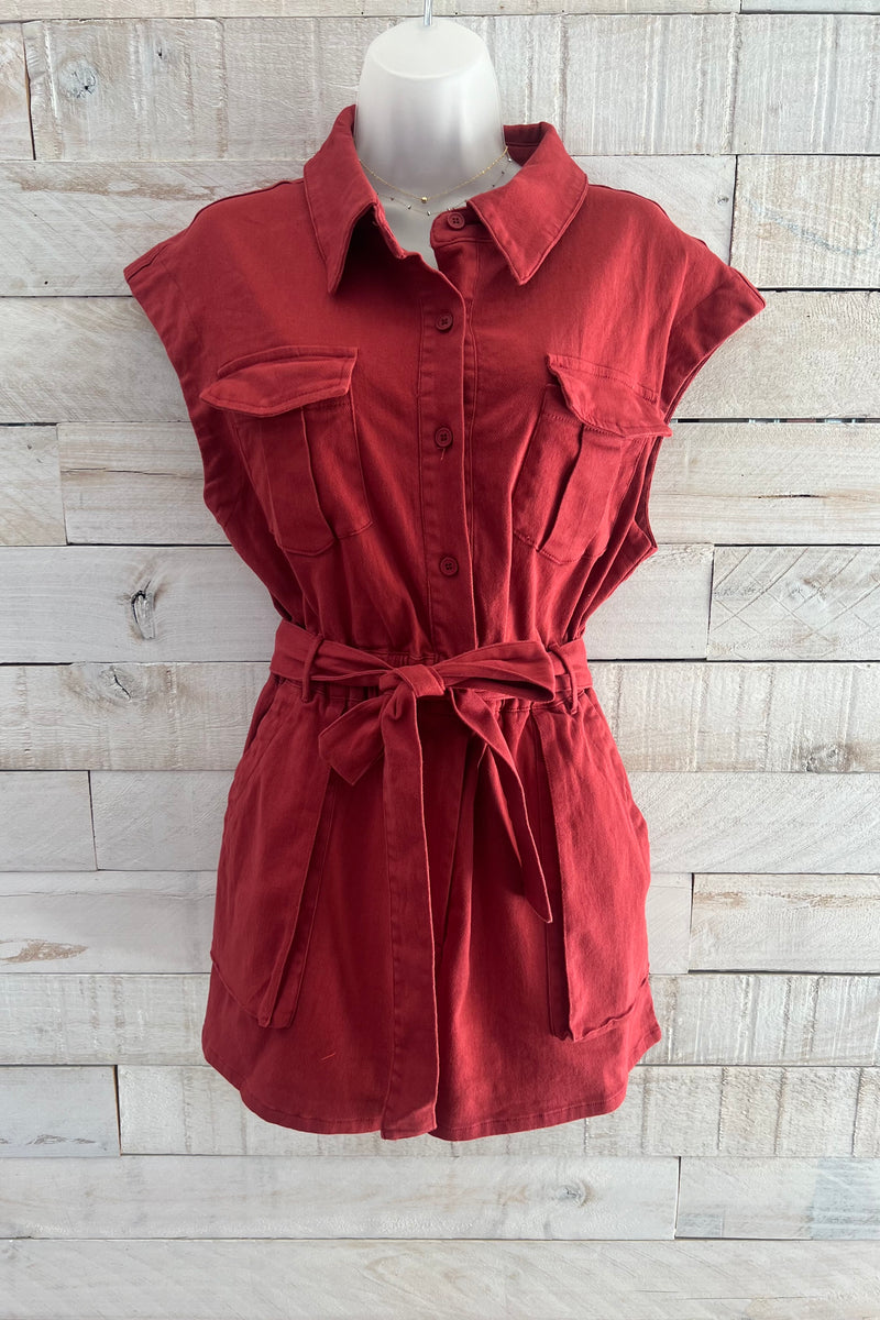 Belted Button Down Romper- Garnet