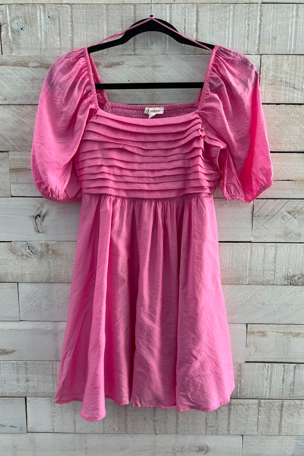 Pleated Puff Sleeve Dress- Pink