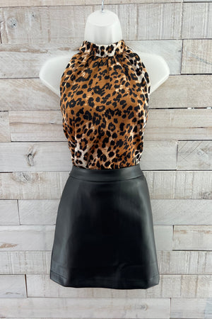 Satin Leopard Print Halter Top- Brown/Black