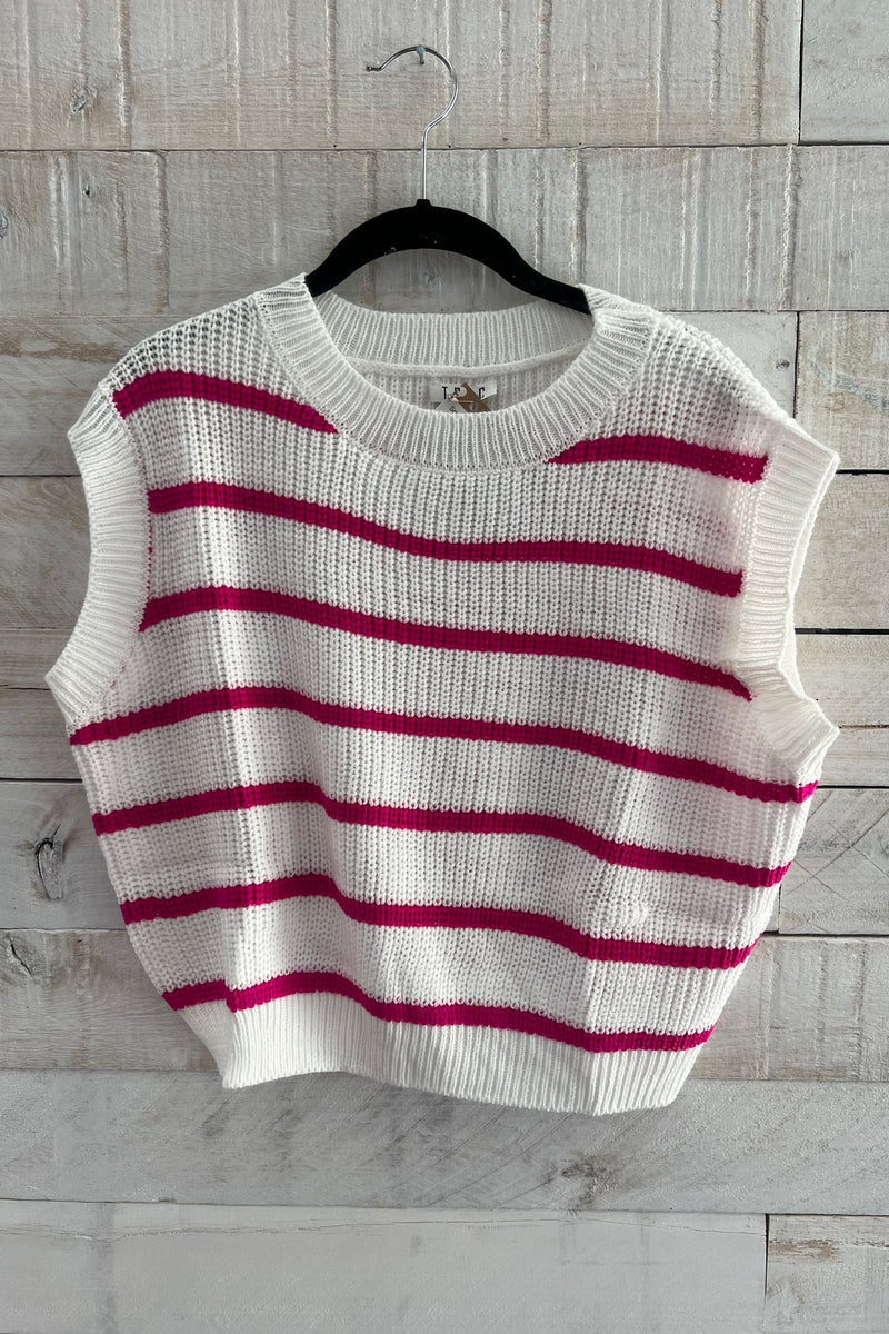 Sleeveless Knit Sweater- Fuchsia/White