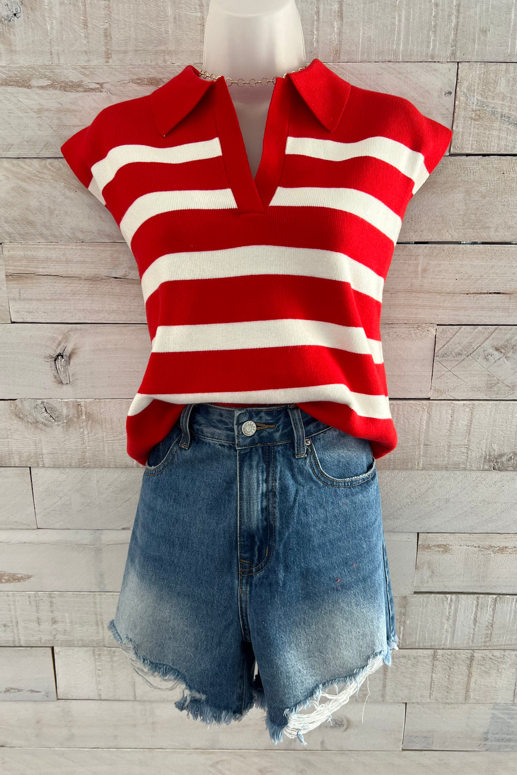 Striped Collared Top- Red